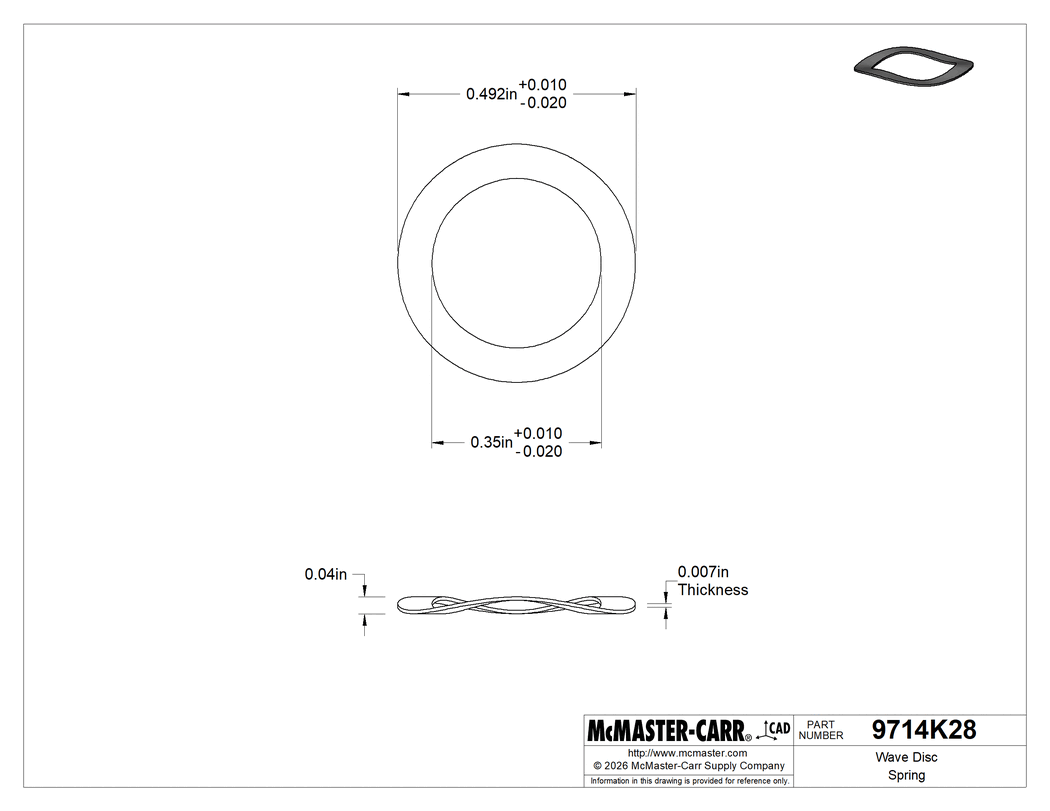 Technical Drawing of Wave Disc Spring, Corrosion-Resistant, 0.35" ID, 0.492" OD, 0.007" Thick.